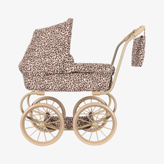 Vintage-style doll pram with leopard print cover on a white background