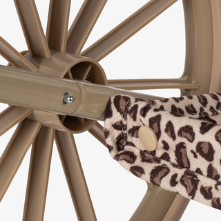 Close-up of the spokes on the doll pram's wheel. 