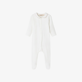 A white long-sleeve baby footed one-piece sleeper with a snap closure and a Peter Pan collar, shown against a plain white background.