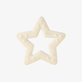 Star-shaped white baby teether with 'BIBS' branding on a white background