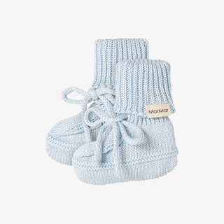 A pair of light blue knit baby booties with lace-up front and a small beige brand tag reading 'MarMar' on a clean white background.