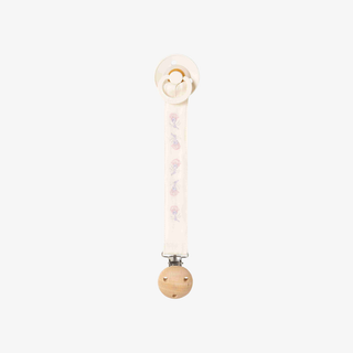A baby pacifier clip with a light beige fabric strap decorated with a delicate floral pattern, shown against a plain light gray background.