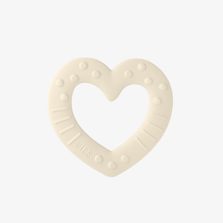 White heart teether with BIBS written on it on white background