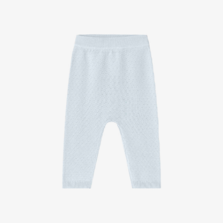 Light blue textured knit baby pants with an elastic waistband, shown flat against a white background.