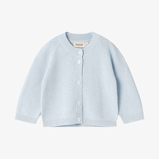 A light blue knit cardigan sweater for babies, featuring a button-up front with white buttons, a crew neck, and long raglan sleeves, shown against a plain white background.