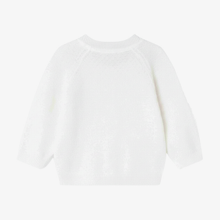 A white textured knit sweater with raglan sleeves and a crew neck, shown from the back on a light gray background.