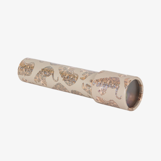 A kaleidoscople covered in a beige print featuring multiple tiger illustrations. The product is shown against a plain white background.