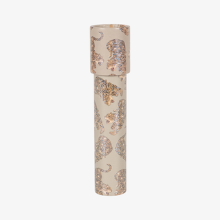 A kaleidoscople covered in a beige print featuring multiple tiger illustrations. The product is shown against a plain white background.