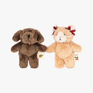Two small plush toys side by side on a plain white background: a brown plush dog with a small yellow lemon tag and a cream plush cat with a red bow and red cherry tag.
