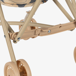 Close-up detail of a stroller frame and wheels in a light beige/tan color, showing the plastic wheel hub and metal joints against a plain white background.