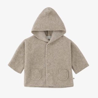 A light beige baby's hooded jacket made of fleece, featuring a button-up front, two front patch pockets, and a hood, shown against a plain white background.