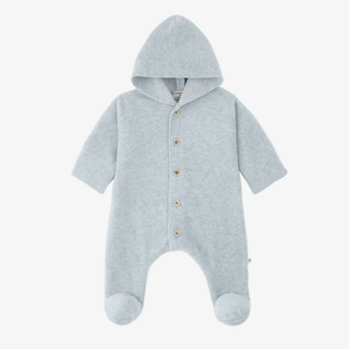 Light blue fleece one-piece sleeper with button front closure and covered feet.