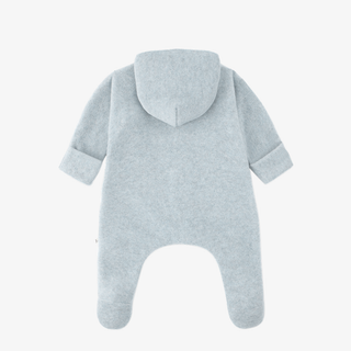 A light blue hooded baby romper shown from the back, featuring long sleeves  photographed against a clean white background.