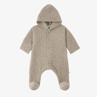 A light beige fleece hooded footed sleeper with snap closures down the front, displayed on a clean white background.