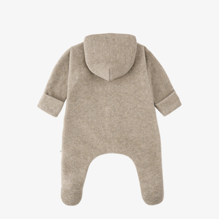 A light beige fleece hooded footed sleeper shown from the back, displayed on a clean white background.