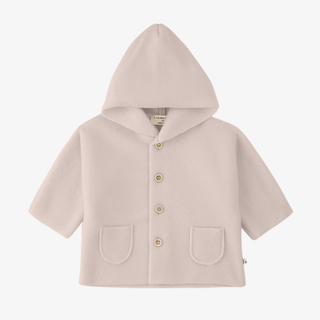 A light pink-nude hooded baby jacket with a hood, buttoned front, and two front pockets, shown on a plain light gray background.