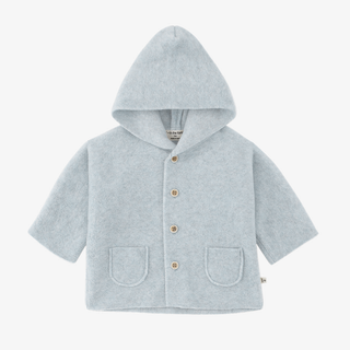 A light blue hooded cardigan with four wooden buttons and two front patch pockets, shown flat against a white background.