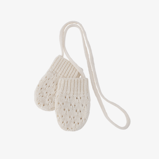 A pair of ecru-colored knit baby mittens with a matching long strap, displayed on a clean white background.