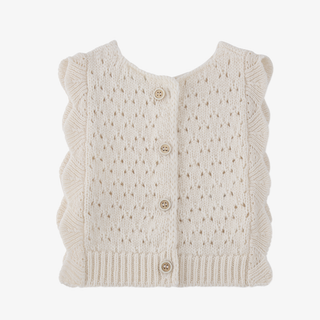 The back of a baby's knit vest with ruffled edges, a textured openwork pattern, and four wooden buttons, shown on a plain white background.