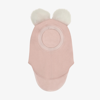 A pink child's balaclava with two fluffy pom-poms on the top, shown against a plain light gray background.