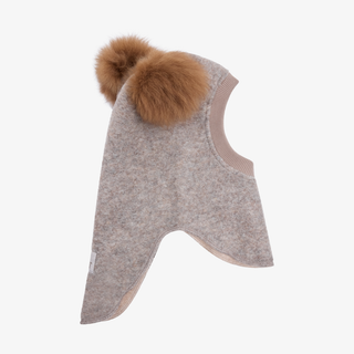 A light beige felt child's balaclava with two brown fur pom-pom on a white background.