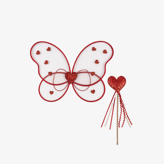 Red butterfly wings with heart-shaped details and a matching wand on a white background