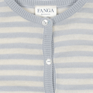 Close-up of a baby outfit with blue and white stripes and 'FANGA' branding.