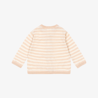 Back view of a baby's striped sweater on a white background