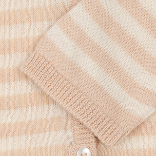Knitted cardigan with a striped pattern in pink and white.