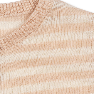 Close-up of a pink and white striped cardigan with textured top.