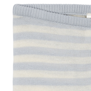 Close-up of a striped fabric with light blue and white horizontal stripes on a white background.