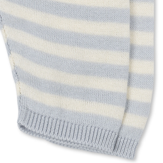 Close-up of a blue and white striped knitted fabric on a white background