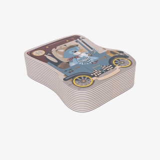 Birdie in a car box for a puzzle on a white background
