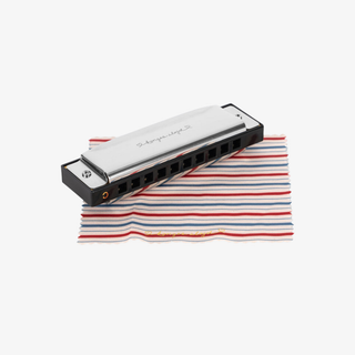 Hohner melodica on a striped fabric background