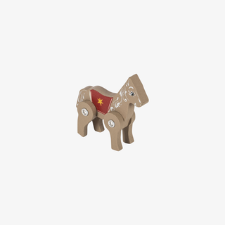 Wooden horse toy with a red flag on a white background