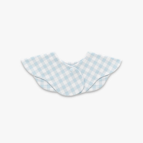 Picnic Gingham Winglet Bib in Blue- backside with snap closure
