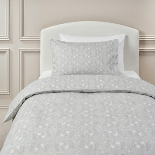 Twin duvet sheet set in the "Bird's Song" print in the color grey, the set includes a duvet cover and a standard pillowcase