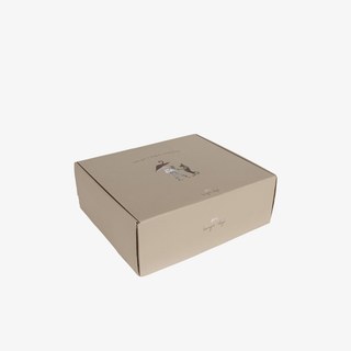 Beige cardboard box with brand logo on a white background