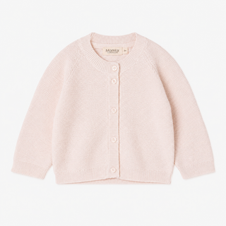 A light pink knit cardigan sweater for babies, featuring a round neckline, front button closure, and ribbed cuffs and hem, shown against a plain light gray background.