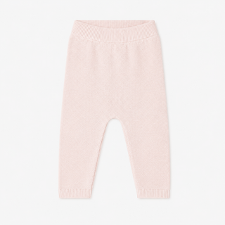 Light pink knit pants featuring an elastic waistband and ribbed cuffs, shown flat on a light gray background.