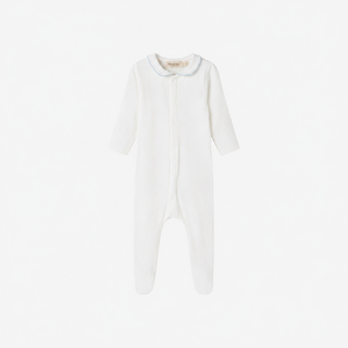 A white long-sleeve baby footless one-piece jumpsuit with a Peter Pan collar and snap closure, shown against a plain white background.