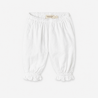 White baby bloomers with an elastic waistband and ruffled leg cuffs, shown flat on a light gray background. A small beige brand label reading 'MarMar' is visible inside the waistband.