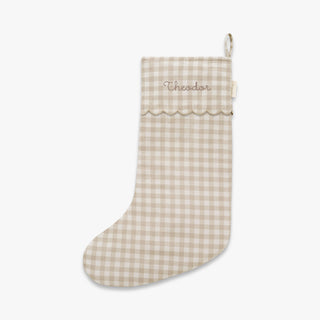Christmas Stocking in Beige Gingham. "Theodor" embroidered on front. 