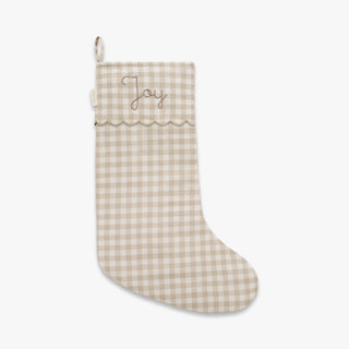 Christmas Stocking in Beige Gingham. "Joy" embroidered on front. 