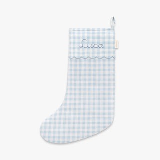 Christmas Stocking in Blue Gingham. "Luca" embroidered on front. 