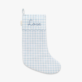 Christmas Stocking in Blue Gingham. "Love" embroidered on front. 