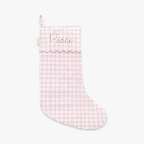 Christmas Stocking in Pink Gingham. "Peace" embroidered on front. 