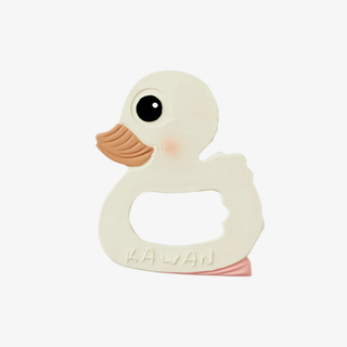 White duck-shaped teething ring with 'Kawan' branding on a white background