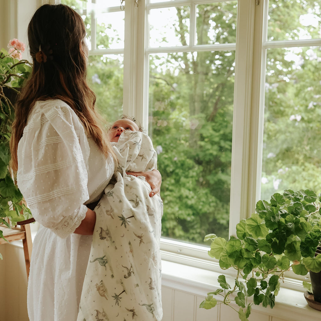 Dino Dreams Swaddle wrapped around baby in mothers arms