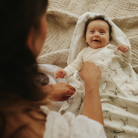 Dino Dreams Swaddle wrapped around baby laying down